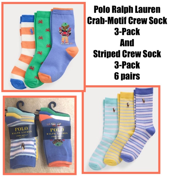Polo Ralph Lauren Crab-Motif Crew Sock 3-Pack
& Striped Crew Sock 3-Pack-6 pairs - Picture 1 of 11